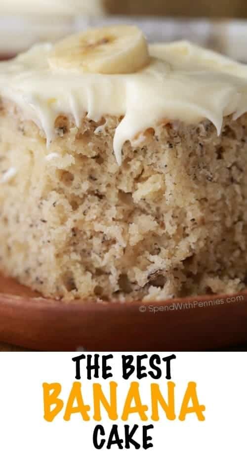 close up of a slice of banana cake