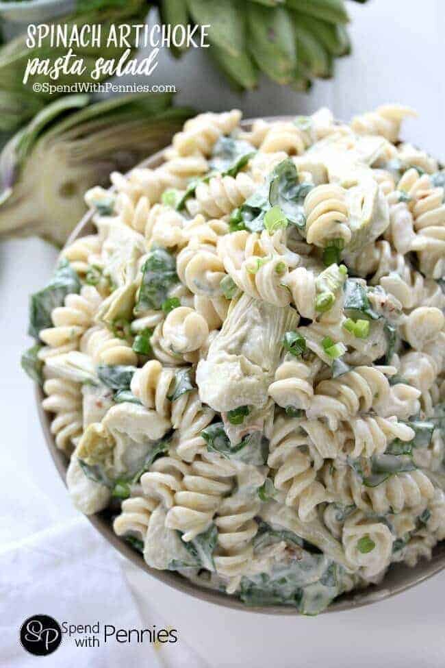 close up of Spinach Artichoke Pasta Salad bowl