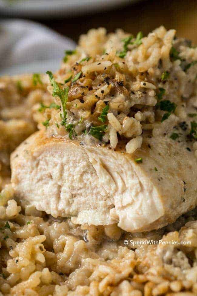 4 Ingredient Chicken & Rice Casserole garnished with parsley