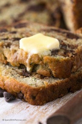 chocolate chip zucchini banana bread with melting butter and chocolate chips