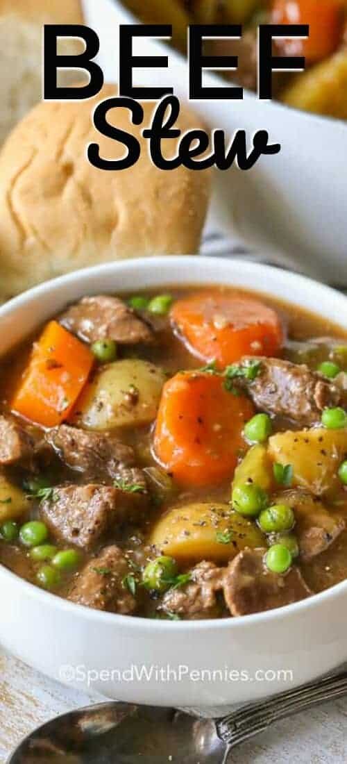 White bowl of Beef Stew with a title