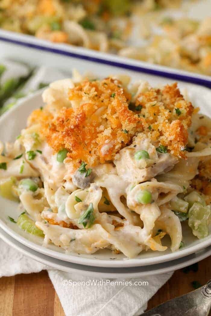 Tuna Casserole served on a white plate