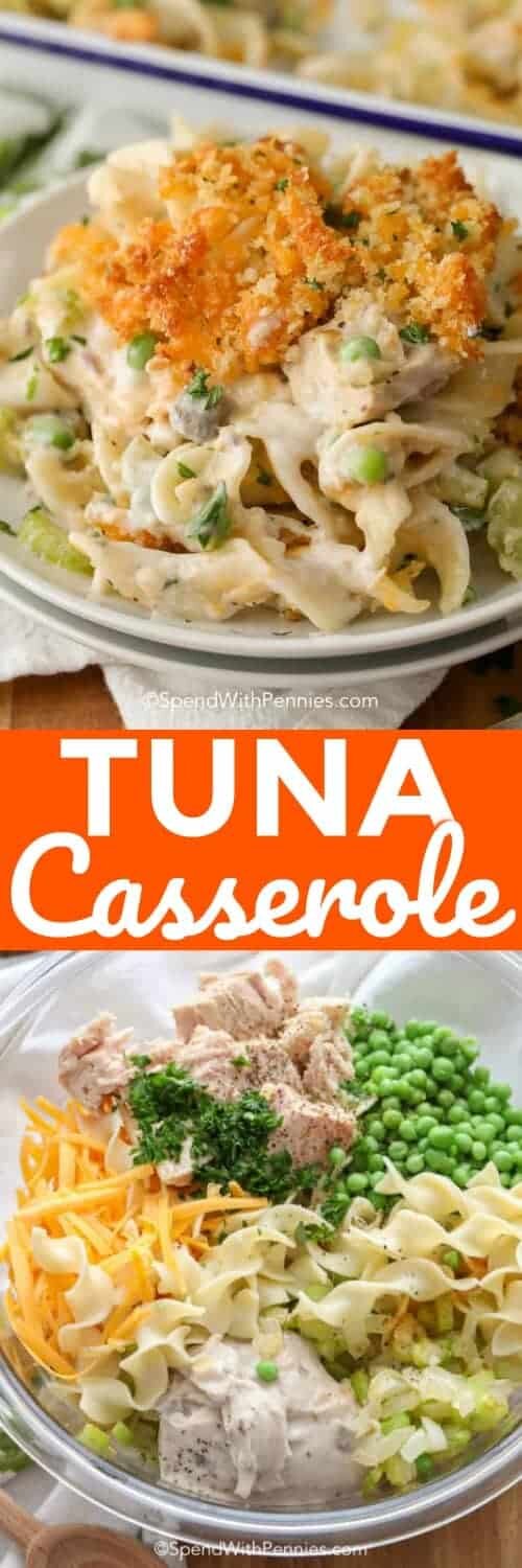 Tuna casserole with two pictures and text