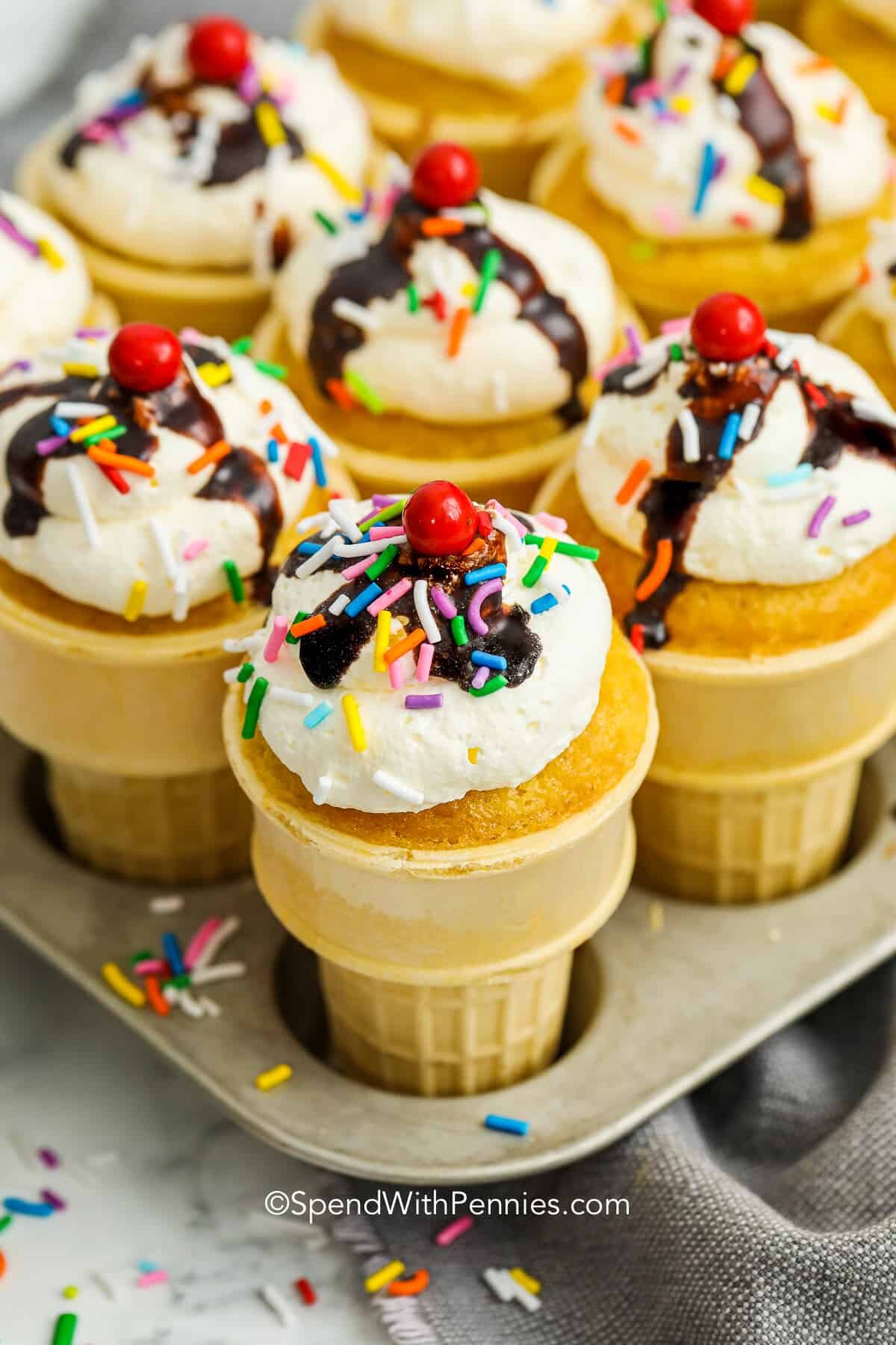 ice cream cone cupcakes in a muffin pan 