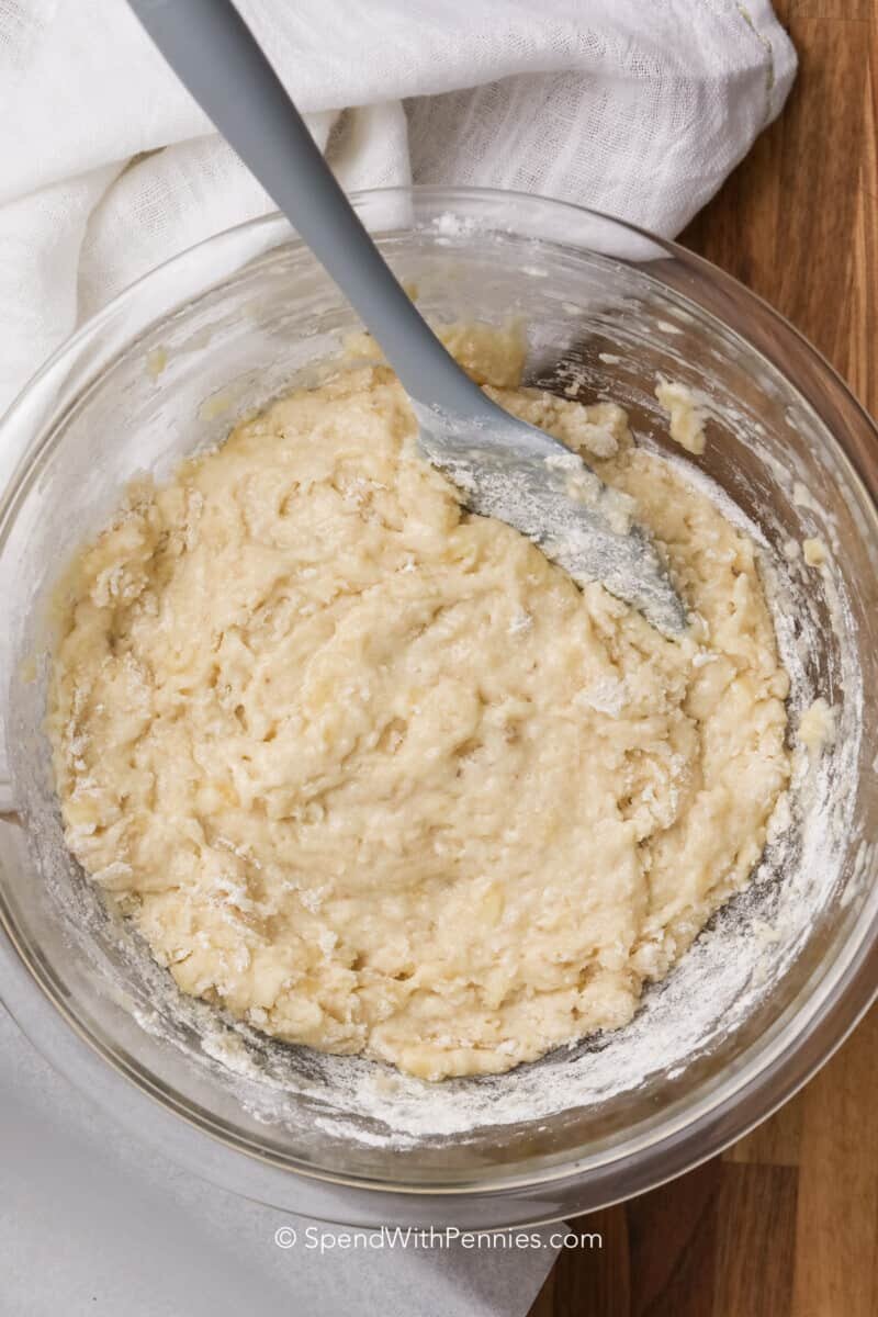 mixed ingredients in a bowl for an easy banana bread recipe