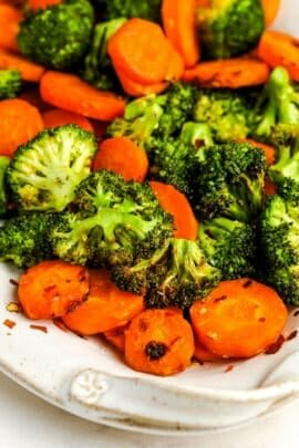 close up of cooked Roasted Broccoli and Carrots on a plate