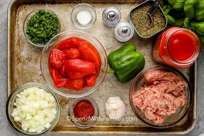 ingredients for Turkey Spaghetti Sauce on a sheet pan