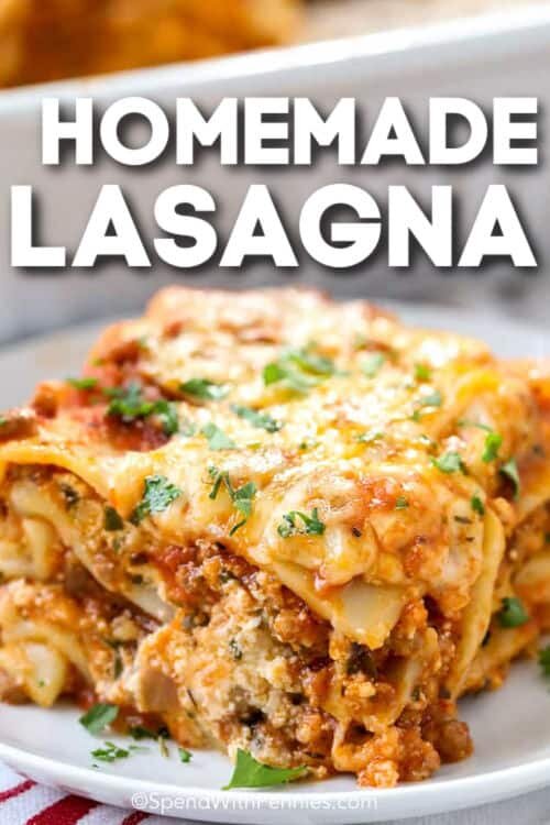 slice of Easy Homemade Lasagna with a title