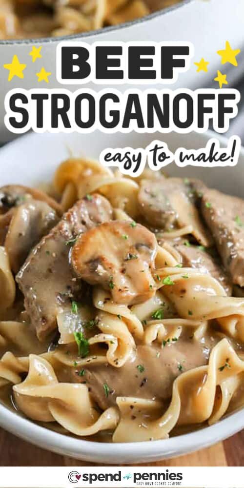 close up of Beef Stroganoff with writing