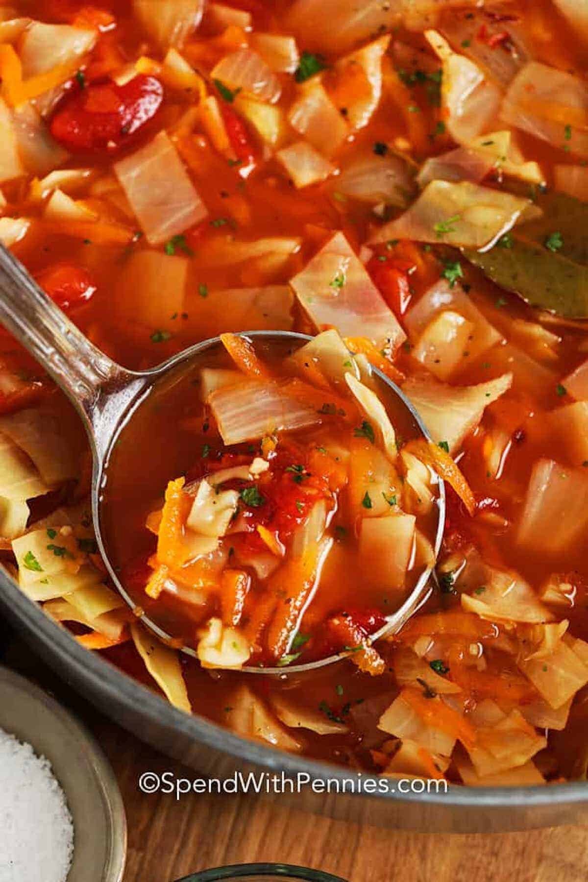 Close up of cabbage soup with a ladle.