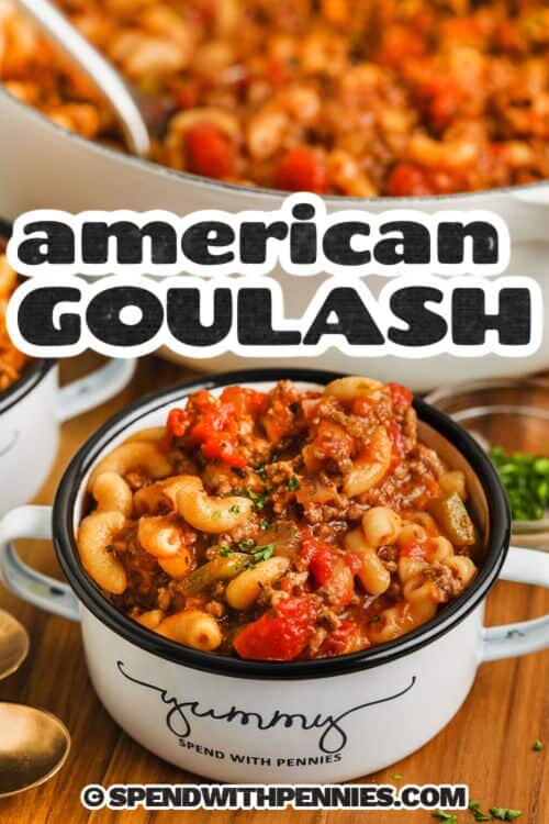 plated hearty American Goulash with a title