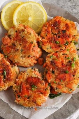 plated Salmon Croquettes with lemon slices