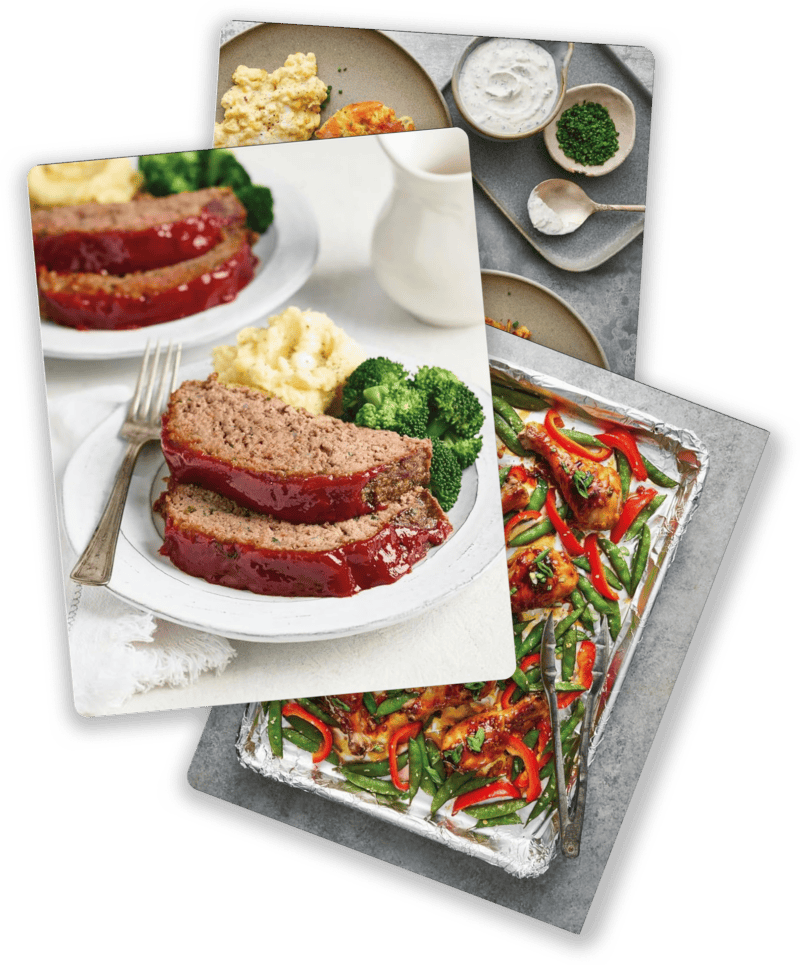 Images of meatloaf and a sheet pan meal from cookbook Everyday Comfort